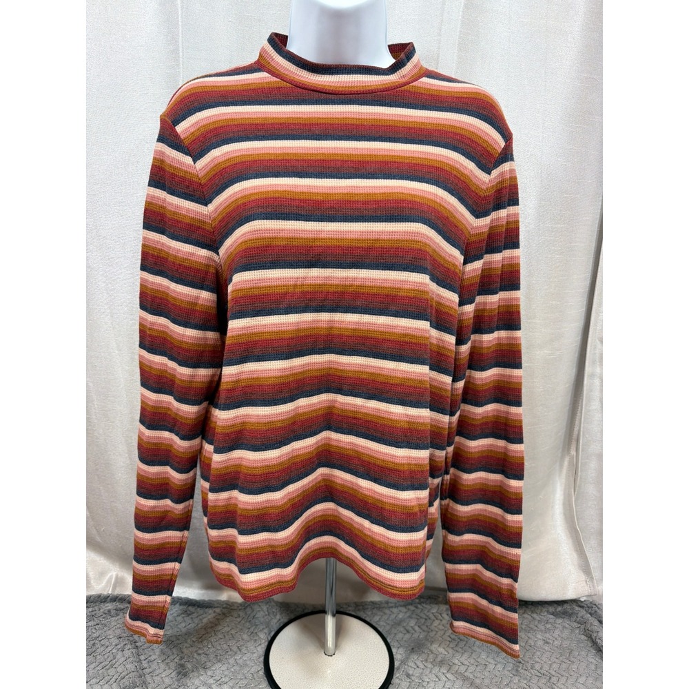 American Eagle Womens XL Waffle Knit Mock Neck Striped Long Sleeve Thermal Top